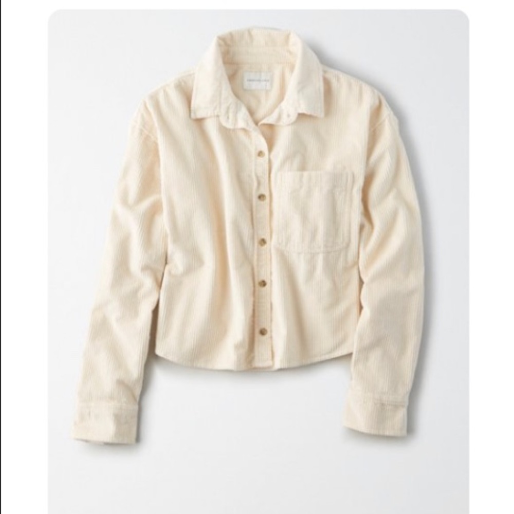 AE Corduroy Cropped Button Up Shirt in Cream, Size Medium